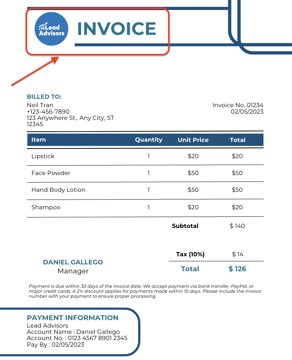 A LeadAdvisors invoice with a red arrow emphasizing the company’s blue logo and "INVOICE" label at the top. The document includes billing details, itemized charges totaling $126, tax breakdown, and payment information addressed to Neil Tran with a due date of 02/05/2023.