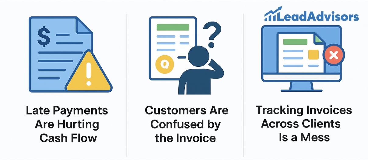A LeadAdvisors graphic illustrating three common invoicing problems: late payments hurting cash flow, customer confusion over invoices, and difficulty tracking invoices across multiple clients. Each issue is represented by a bold, colorful icon paired with a brief statement.