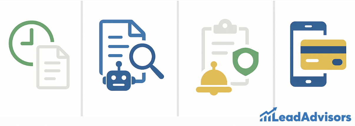 A set of four icons by LeadAdvisors representing invoice automation steps: time tracking, AI document review, secure billing workflow, and mobile payment processing. Each icon visually communicates a key stage in streamlining digital financial operations.