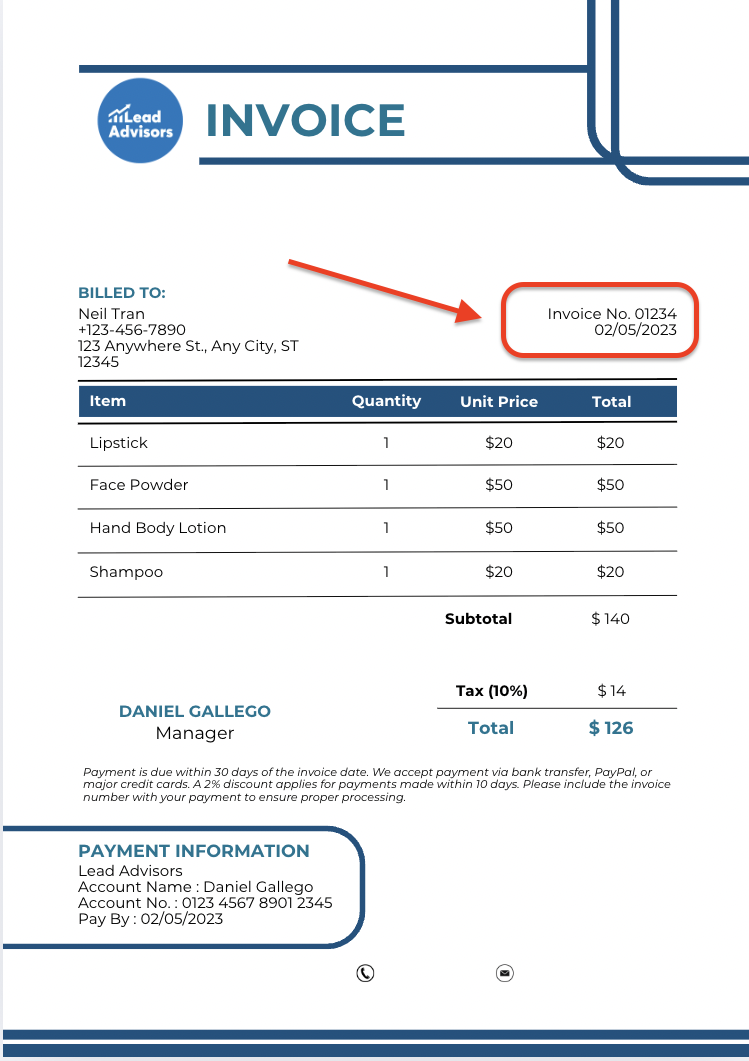 A LeadAdvisors invoice template addressed to Neil Tran, listing beauty products with itemized pricing, invoice number 01234 dated 02/05/2023, and payment instructions directed to Daniel Gallego. The total due is $126, including a 10% tax, with payment due within 30 days.