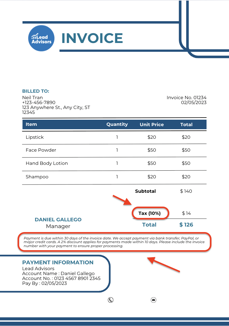 LeadAdvisors invoice showing a detailed item breakdown with subtotal, 10% tax, and total amount due of $126, along with payment instructions highlighting a 2% discount for early payment. Red arrows emphasize key sections such as the tax, discount terms, and payment information.