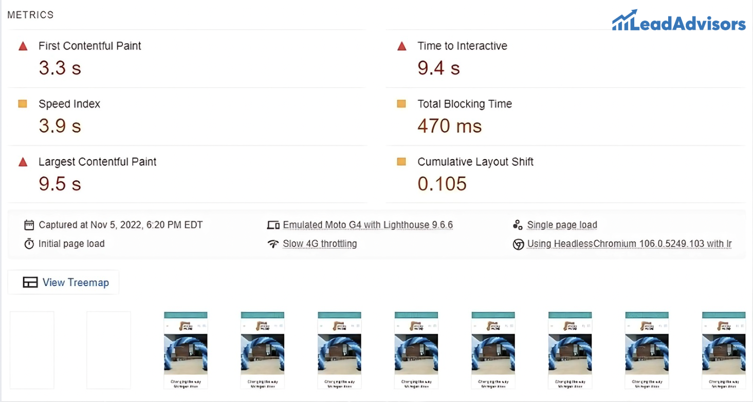 Lighthouse performance report showing mobile page load metrics with poor results: 3.3s First Contentful Paint, 9.5s Largest Contentful Paint, and 9.4s Time to Interactive, tested on an emulated Moto G4 using slow 4G throttling.