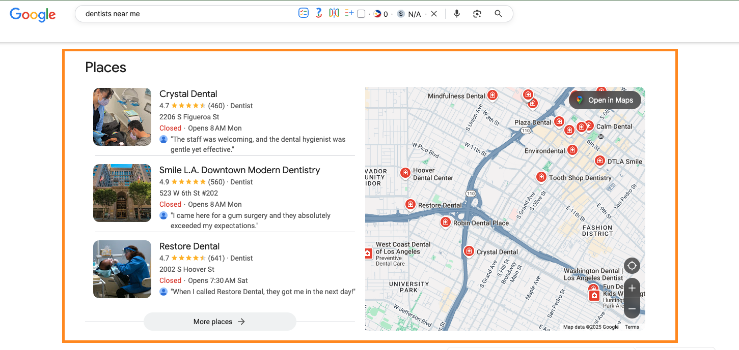 Google map and listings showing dentist offices in a local SEO result