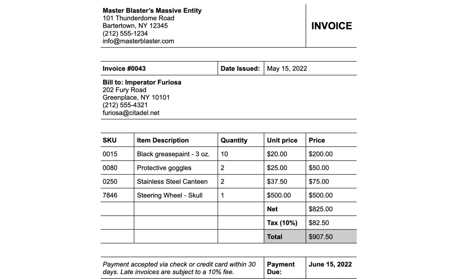 An invoice from “Master Blaster’s Massive Entity” to Imperator Furiosa, detailing the purchase of black greasepaint, goggles, a steel canteen, and a skull steering wheel. The invoice totals $907.50 including 10% tax, with payment due by June 15, 2022.