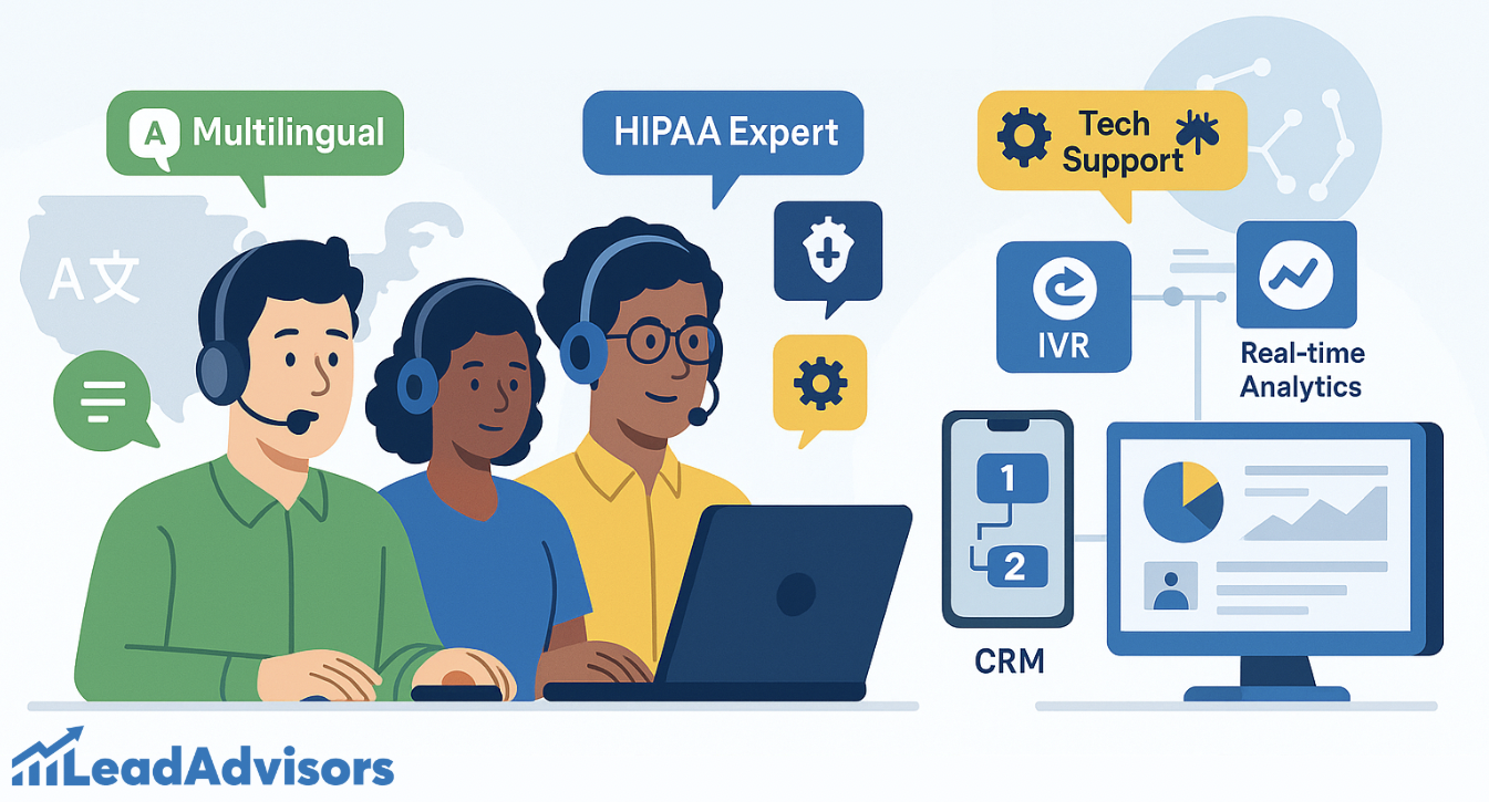 A diverse team of call center agents provides multilingual support, HIPAA expertise, and tech assistance while using IVR systems, CRM tools, and real-time analytics. The illustration emphasizes integrated digital tools and specialized customer care, branded with the LeadAdvisors logo.