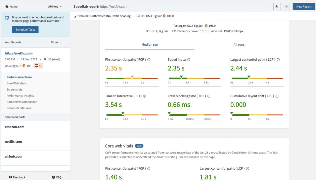 Speedlab performance report for Netflix.com showing Core Web Vitals metrics including 2.35s First Contentful Paint, 2.44s Largest Contentful Paint, 3.54s Time to Interactive, 0.66ms Total Blocking Time, and 0 CLS. Additional real-user data shows improved FCP at 1.40s and LCP at 1.81s.