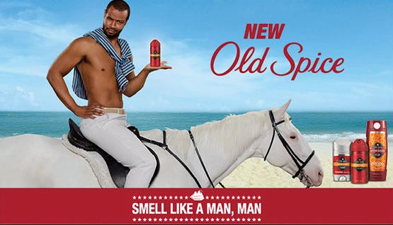 Shirtless man on horseback holding Old Spice in a humorous ad from the “The Man Your Man Could Smell Like” viral campaign.