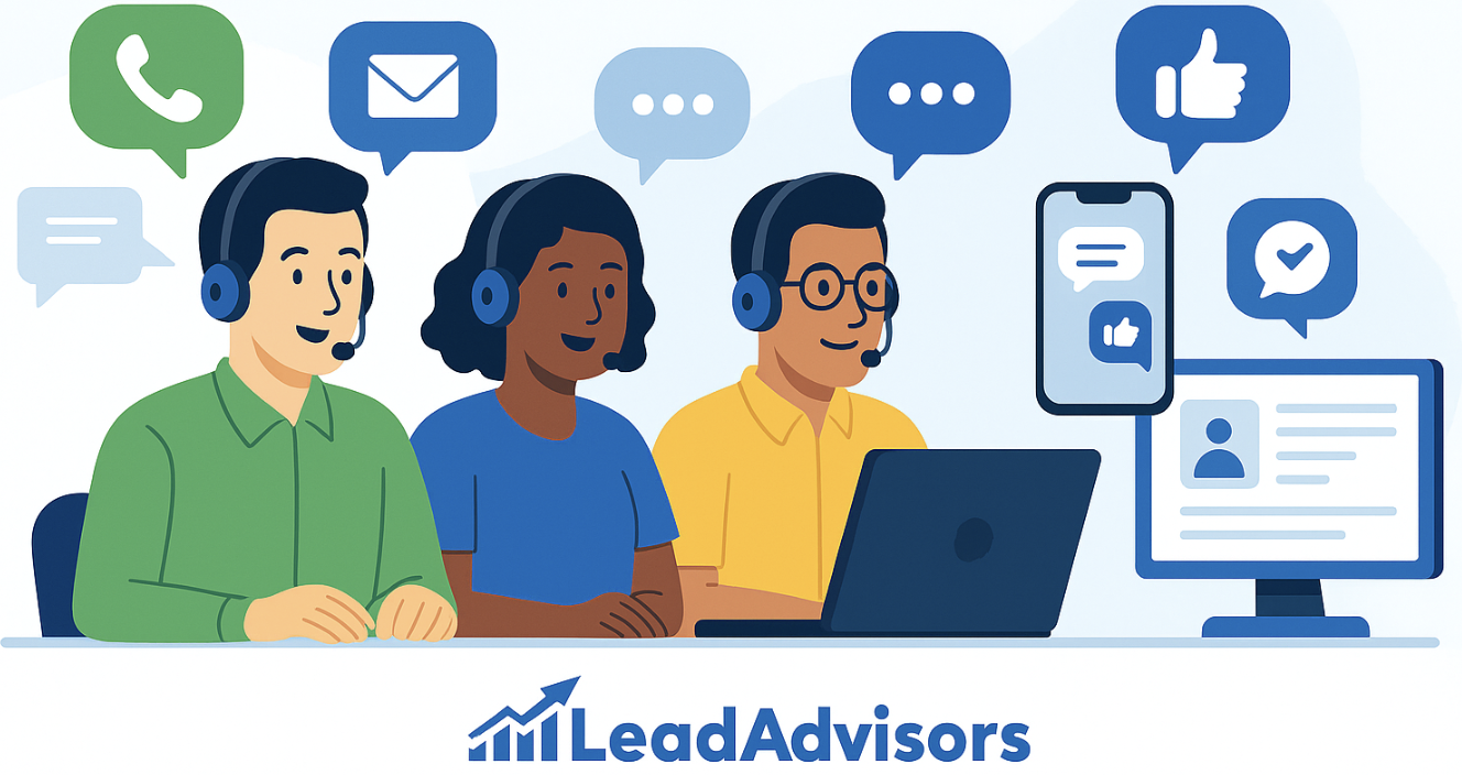 Three diverse call center agents communicate with customers through multiple channels including chat, email, phone, and mobile apps. The image highlights a seamless omnichannel support experience, with real-time engagement icons and LeadAdvisors branding.