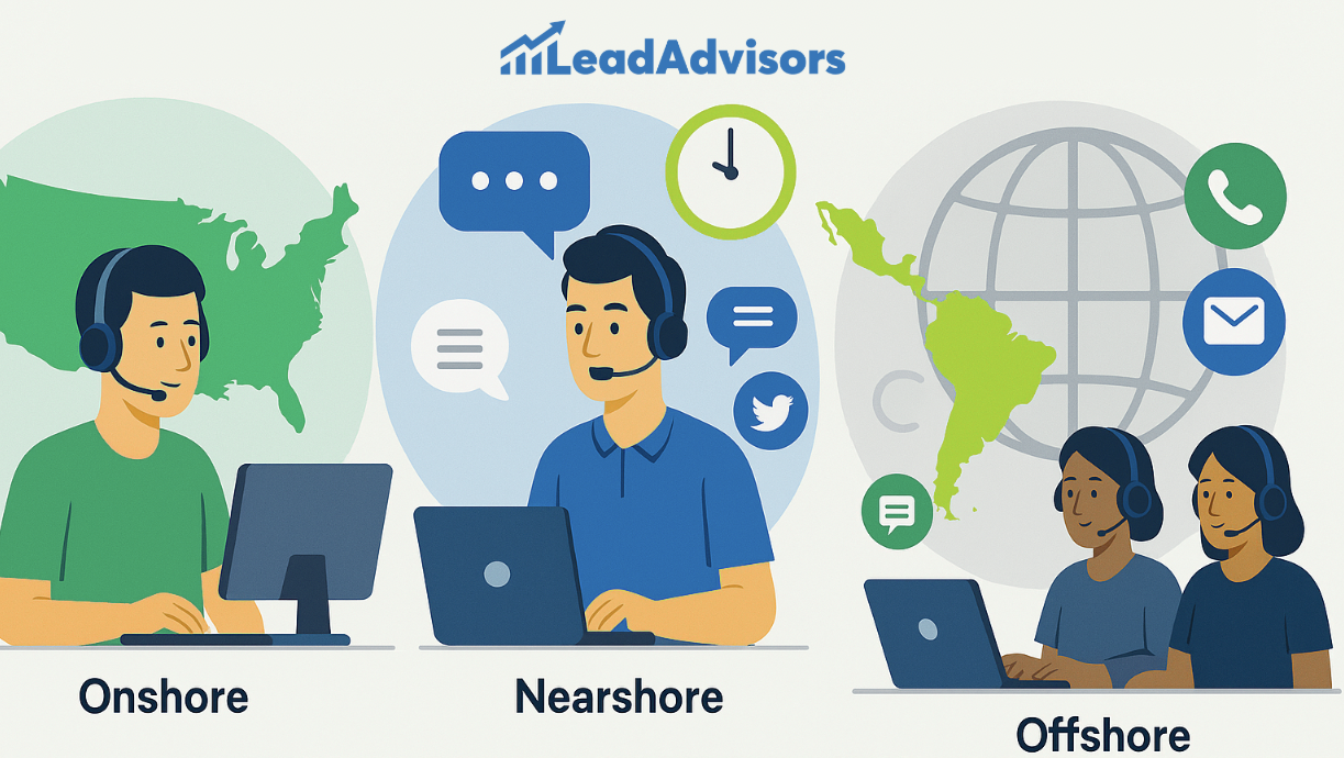 Illustration comparing onshore, nearshore, and offshore call center models, featuring agents working from the U.S., Latin America, and overseas locations. The image highlights time zones, communication tools, and global coverage, branded with the LeadAdvisors logo.