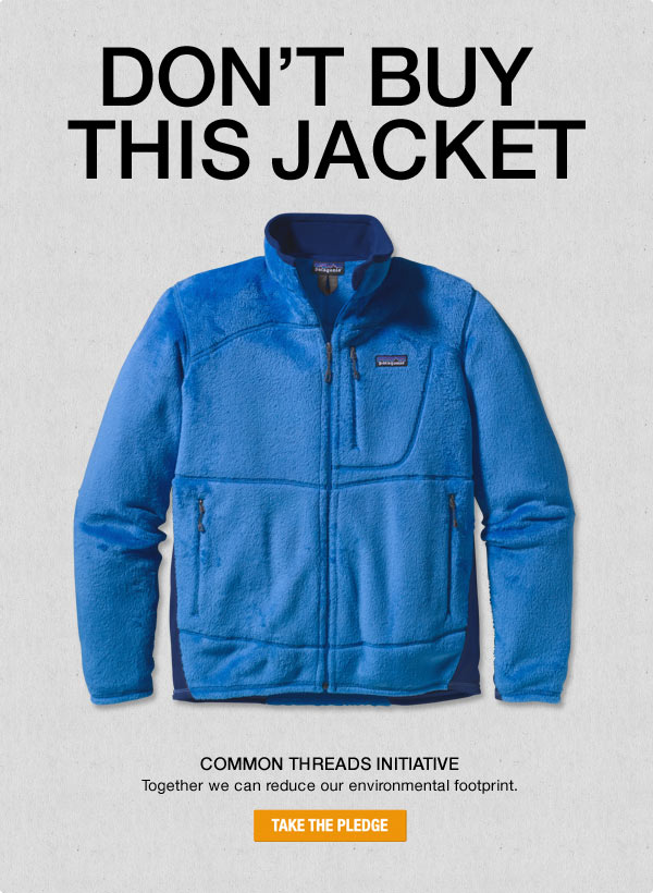 Blue Patagonia fleece jacket with bold text “Don’t Buy This Jacket,” part of the brand’s environmental advocacy campaign.