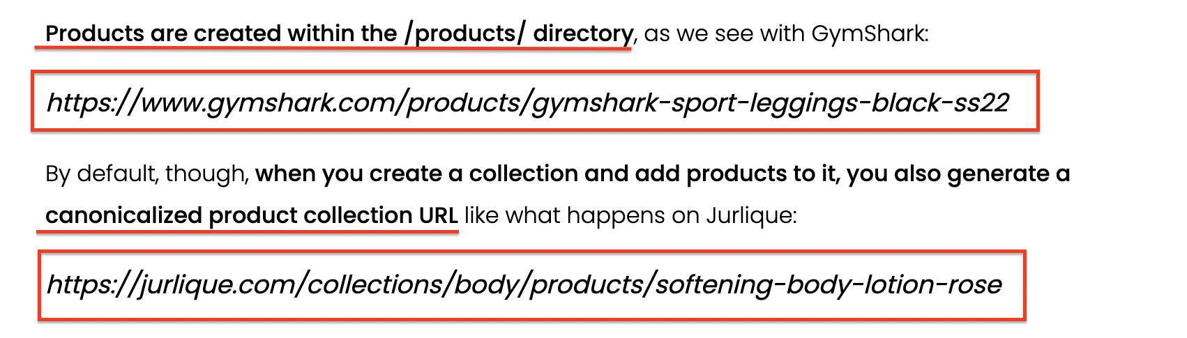 Screenshot highlighting Shopify product and collection URL structures, showing GymShark’s product URL under /products/ and Jurlique’s canonical collection URL under /collections/body/products/.