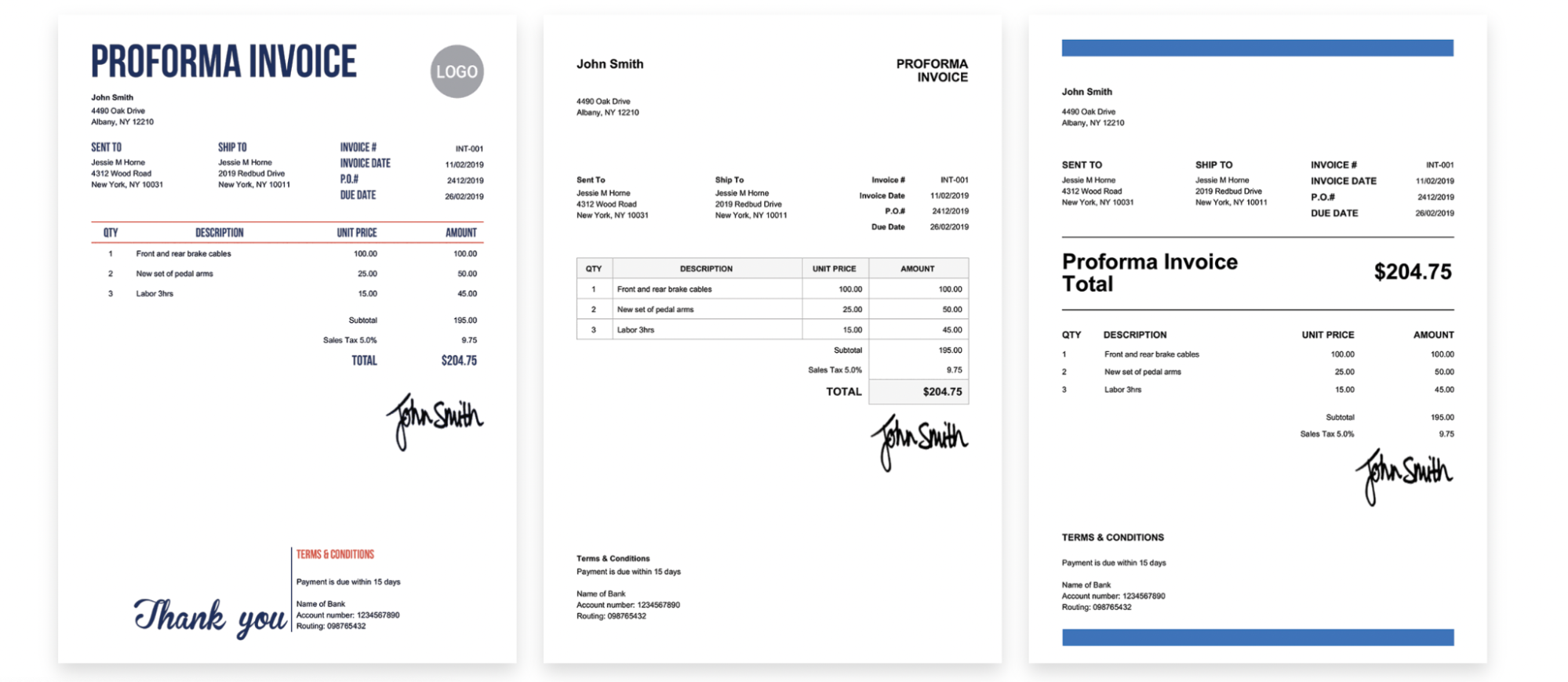 A side-by-side comparison of three proforma invoice templates featuring the same billing details, item descriptions, and total of $204.75, each with distinct visual layouts and branding elements. All templates are labeled for John Smith and include tax breakdowns, sender/recipient info, and terms and conditions.