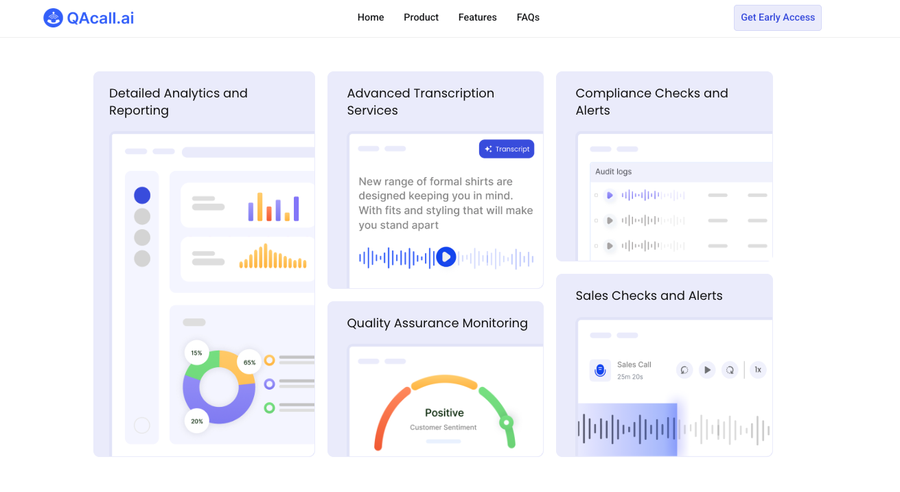 QAcall.ai platform features dashboard highlighting tools like detailed analytics, transcription services, compliance and sales alerts, and sentiment-based quality assurance monitoring. Each card visually represents a specific function to support call center performance and compliance tracking.