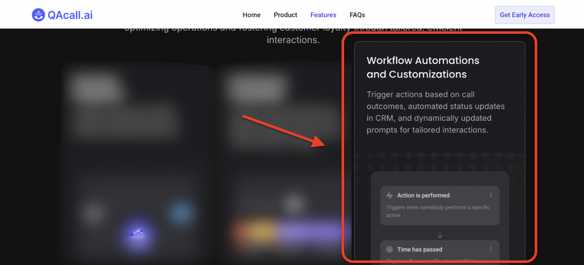 QAcall.ai features panel highlighting workflow automations and CRM customizations, including dynamic prompts and automated call-based status updates