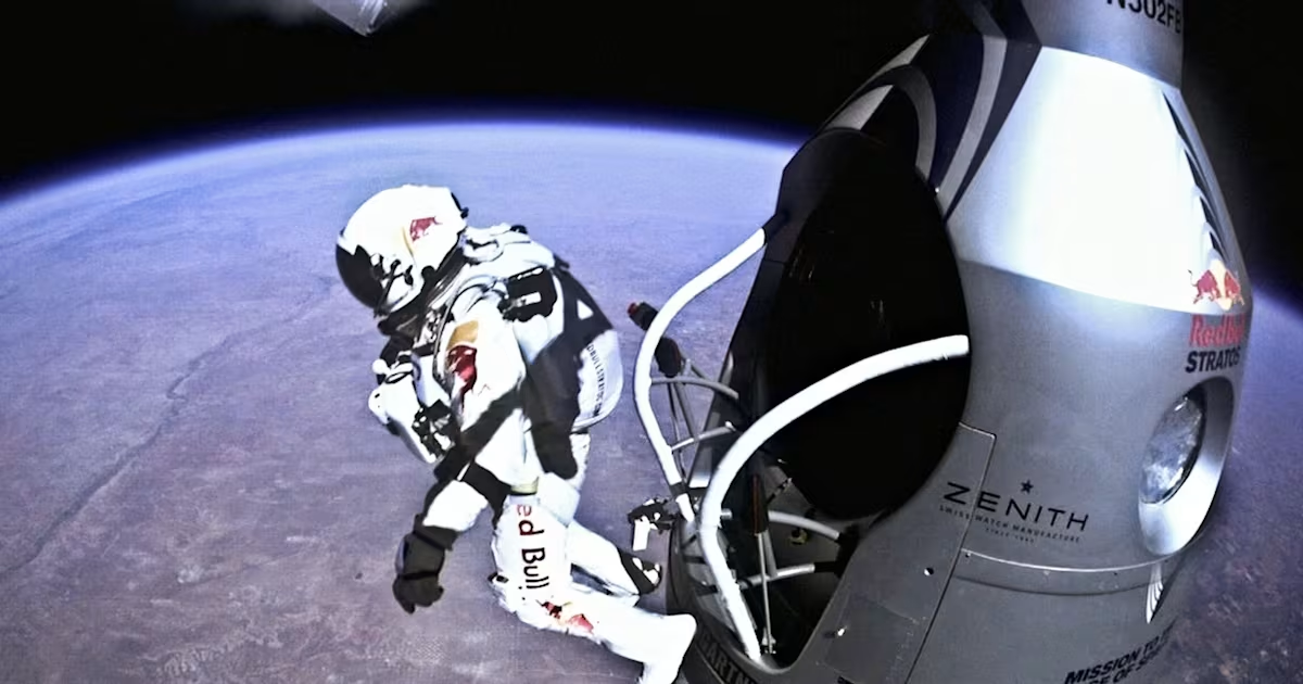 Felix Baumgartner jumping from the edge of space during the Red Bull Stratos mission, viewed live by millions.