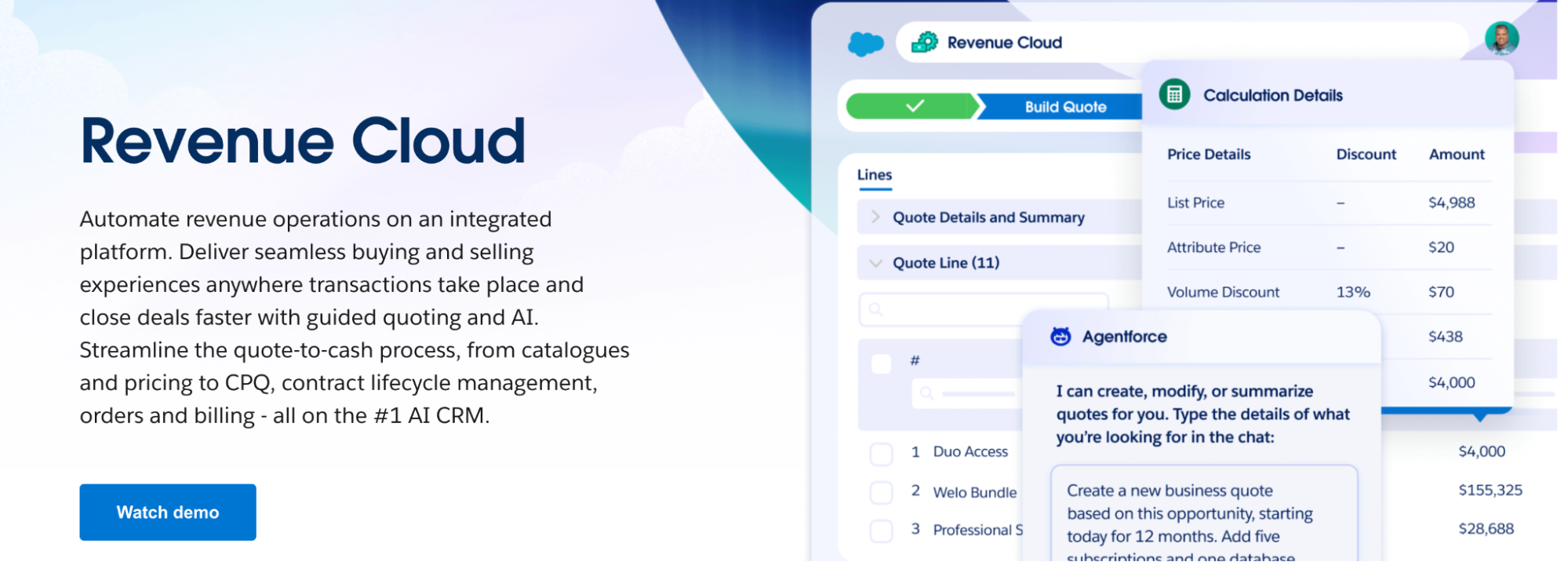 Salesforce Revenue Cloud interface showcasing an AI-powered quote-to-cash platform that automates pricing, quoting, and billing processes. The interface highlights features like quote line summaries, pricing breakdowns, volume discounts, and real-time agent chat support.