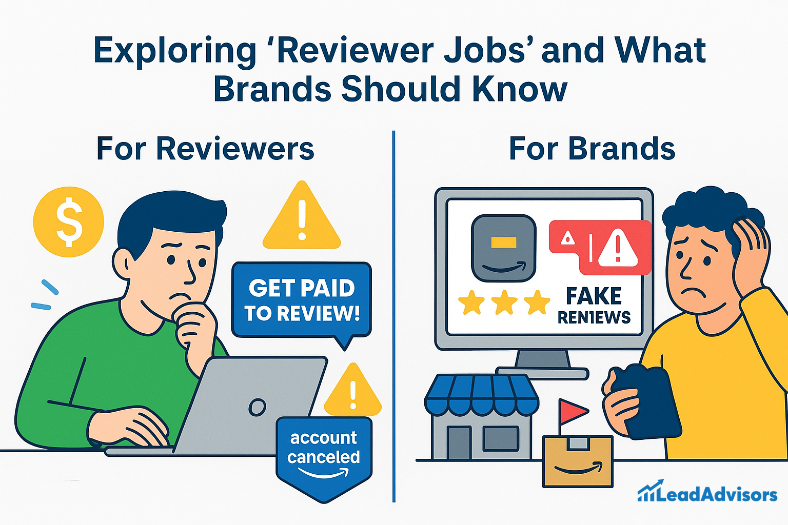 Illustration showing the risks of paid reviewer jobs, with warnings for both reviewers and brands. The left side features a reviewer facing account cancellation, while the right side shows a stressed brand owner dealing with fake reviews and reputation damage.