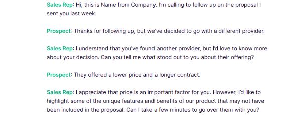 A text-based example of a follow-up call between a sales representative and a prospect, discussing a lost deal due to price and contract length. The sales rep responds with empathy and offers to review the product's unique features to reopen the conversation.