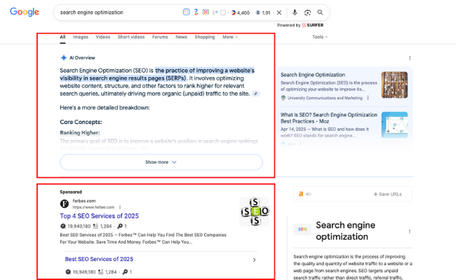 Screenshot of a Google search results page in 2025 showing an AI Overview, sponsored result, and featured snippet for the term “search engine optimization”