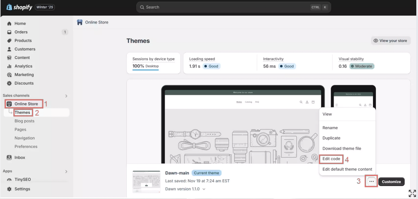 Shopify dashboard showing how to access and edit the theme code by navigating to Online Store > Themes, selecting the Dawn theme, clicking the options menu, and choosing “Edit code.” The dashboard also displays performance stats like loading speed and visual stability.