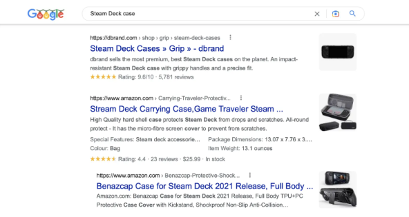 Screenshot of a Google search results page for "Steam Deck case," displaying three product listings from dbrand and Amazon. The listings feature different types of protective cases for the Steam Deck console, including a grip case, a hard shell carrying case, and a full body shockproof case.