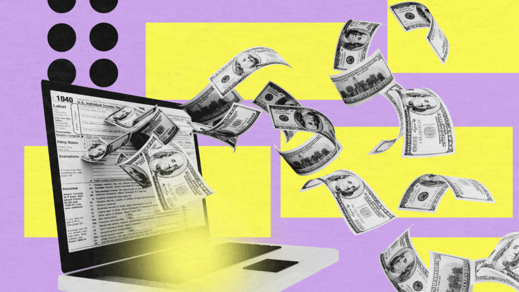 A stylized graphic showing dollar bills flying out of a laptop displaying a 1040 tax form, symbolizing digital tax filing and cash refunds. The image uses bold colors and collage-style elements to emphasize the financial benefits of online tax returns.