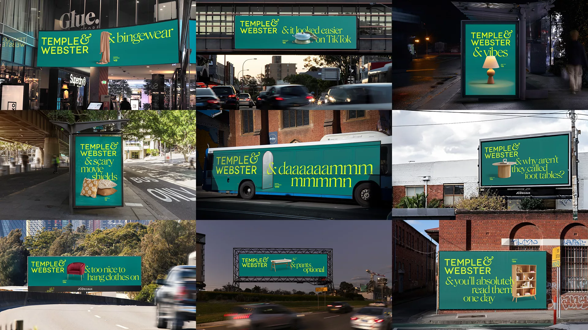 Various billboard ads by Temple & Webster using humor to highlight messy, relatable shopping experiences.