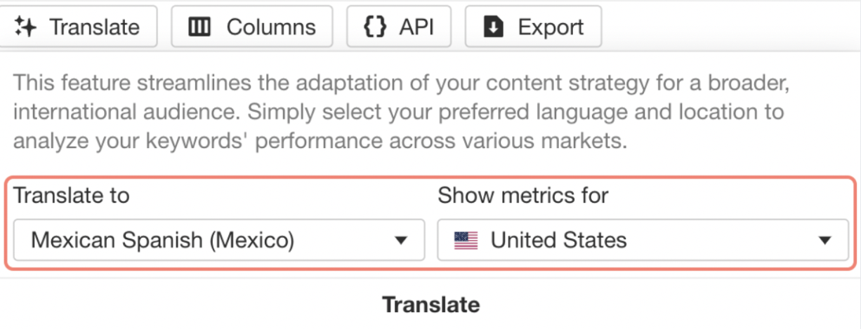 Interface showing keyword translation settings with options to translate content into Mexican Spanish and display performance metrics for the United States, supporting international content strategy.