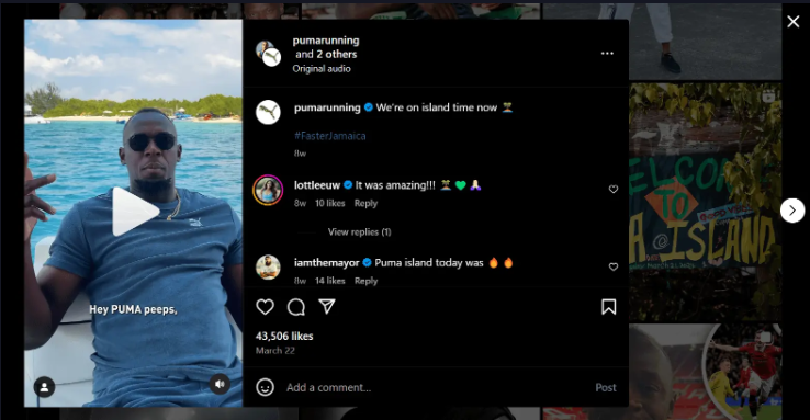 Screenshot of a Puma Running Instagram video featuring Usain Bolt relaxing on a boat with the caption “We’re on island time now.” The post includes hashtags like #FasterJamaica and shows the video garnering over 43,000 likes and comments praising the island vibes.