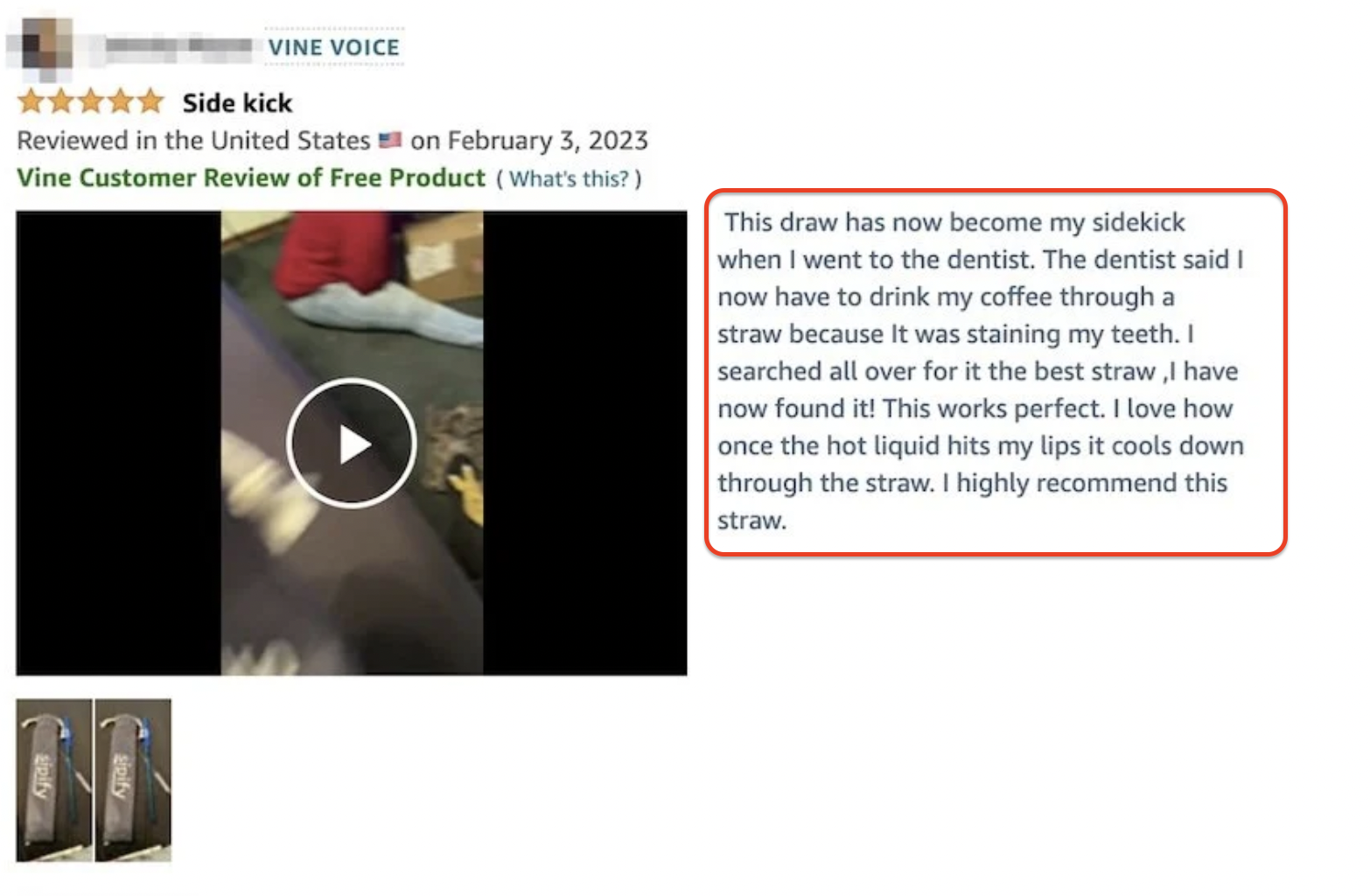 Screenshot of a Vine Voice review on Amazon for a straw that cools hot liquids, posted on February 3, 2023. The reviewer shares a positive experience about using the straw after a dentist's recommendation, praising its cooling effect and calling it their new "sidekick."