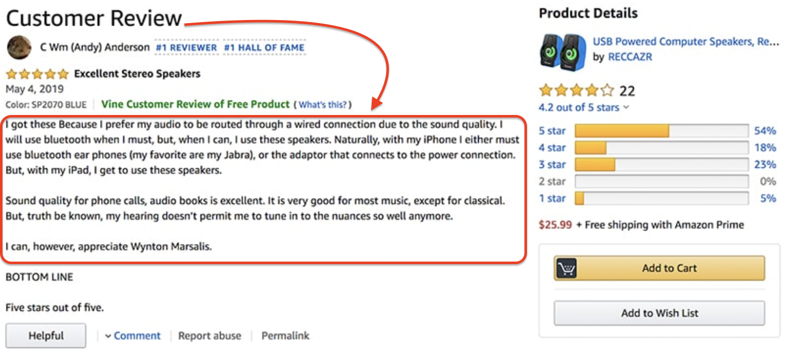 Screenshot of a Vine Voice review for USB-powered computer speakers on Amazon, highlighting a customer’s preference for wired audio and positive feedback on sound quality for calls and audiobooks. The product holds a 4.2-star rating from 22 reviews, priced at $25.99 with free Prime shipping.