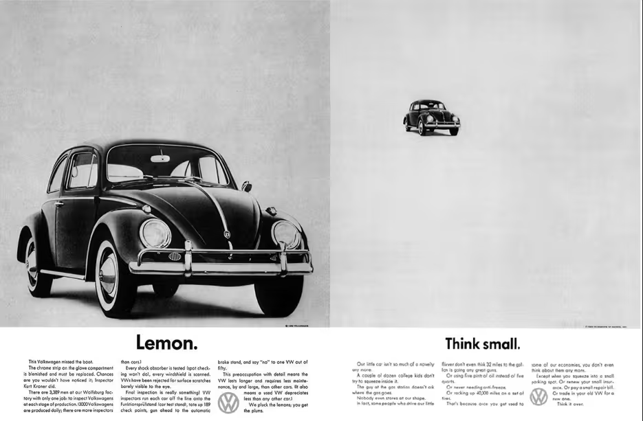 Classic Volkswagen Beetle ad with “Lemon” and “Think small” headlines from the iconic minimalist print campaign.