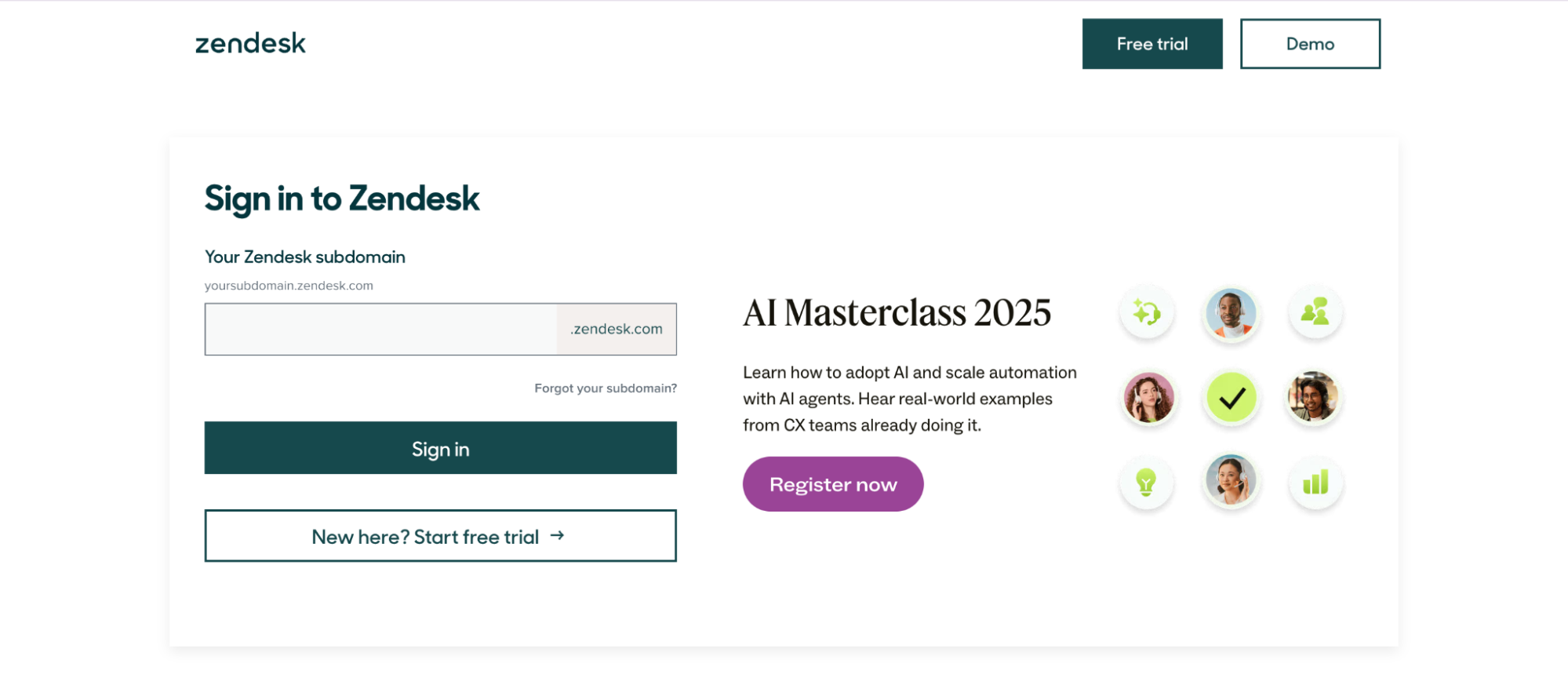 Zendesk login screen prompting users to enter their subdomain, with options to sign in, start a free trial, or request a demo. The right side promotes “AI Masterclass 2025,” encouraging users to register and learn about scaling AI automation in customer experience teams.