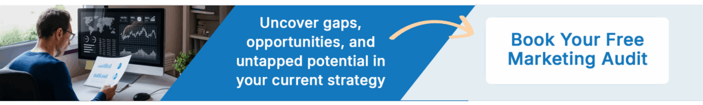 A person reviews charts on a computer at a desk. Text reads: Uncover gaps, opportunities, and untapped potential in your current strategy. Book Your Free Marketing Audit, with an arrow pointing to a booking button.