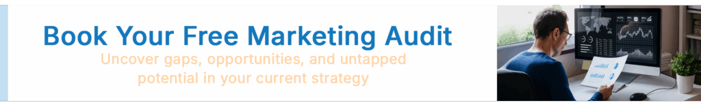 Banner with text, Book Your Free Marketing Audit. Uncover gaps, opportunities, and untapped potential in your current strategy, next to a person at a desk analyzing marketing charts on a computer and holding a report.