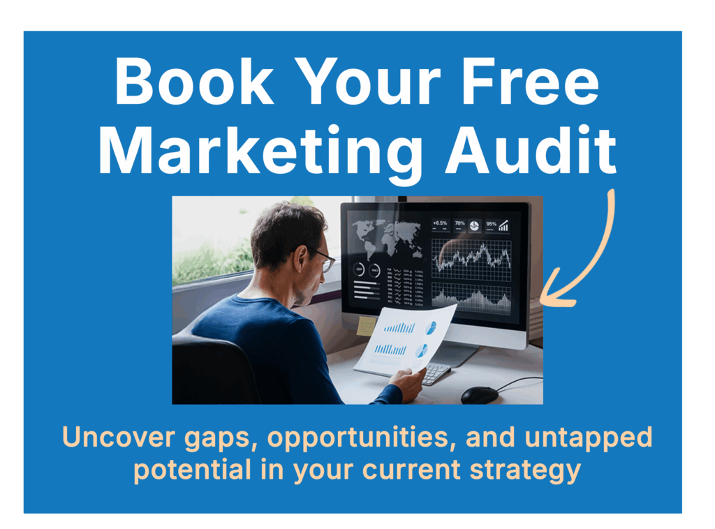 A person reviews charts on paper and on a computer screen with data visuals. Text reads: Book Your Free Marketing Audit. Uncover gaps, opportunities, and untapped potential in your current strategy.