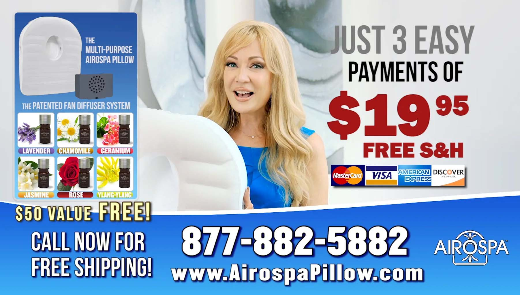 Promotional ad for the Airospa Pillow featuring a smiling woman presenting the product, aromatherapy options like lavender and chamomile, and a bold offer of three easy payments of $19.95 with free shipping. The ad includes a toll-free number, website, and accepted credit cards for purchase.
