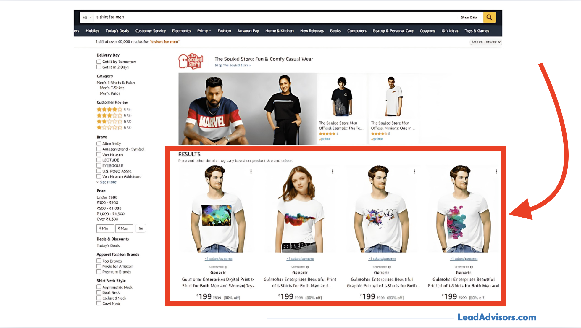 A screenshot of Amazon search results for “t-shirt for men,” with a red box and arrow emphasizing product listings featuring printed t-shirts by Gulmohar Enterprises. The image showcases generic brand products on sale, filtered within a category page, used to illustrate product placement or ad targeting.