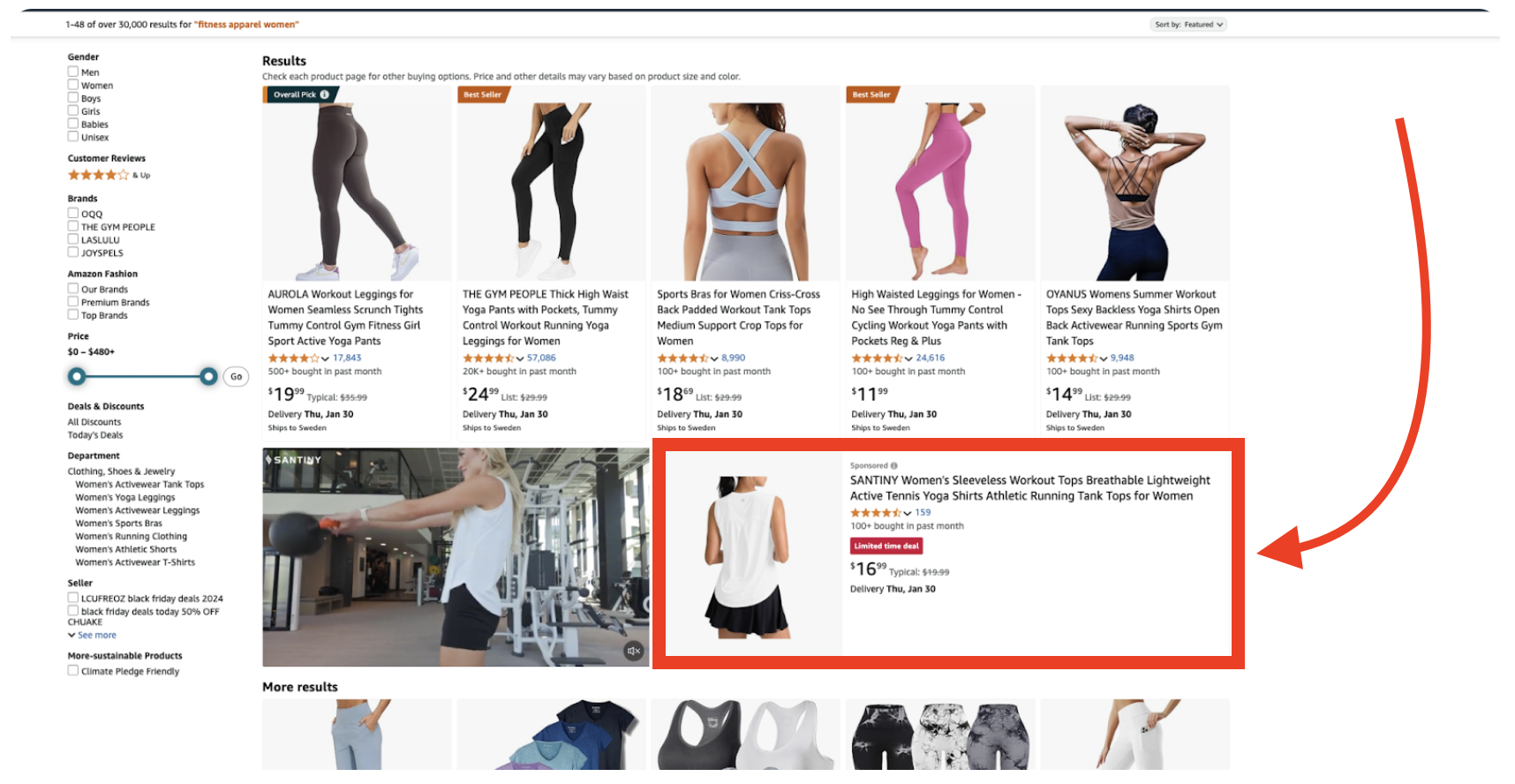 Amazon search results page for “fitness apparel women,” with a red box highlighting a sponsored product listing for a SANTINY women’s sleeveless workout top. The callout draws attention to ad placement strategy within a crowded fitness apparel search environment.