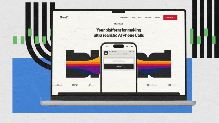 Screenshot of the Bland AI homepage showing its AI phone call platform interface with the tagline "Your platform for making ultra realistic AI Phone Calls" on a laptop and smartphone.