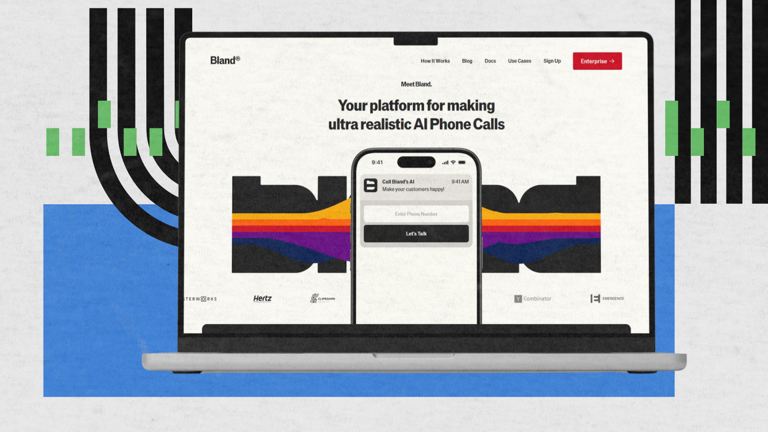 Screenshot of the Bland AI homepage showing its AI phone call platform interface with the tagline "Your platform for making ultra realistic AI Phone Calls" on a laptop and smartphone.