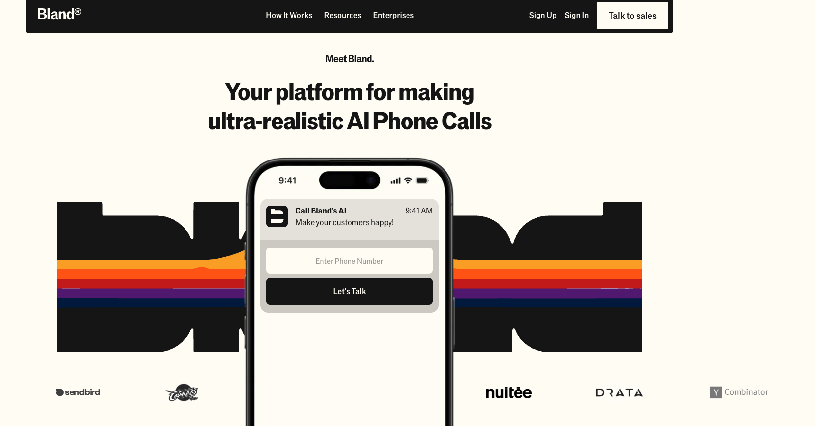 Screenshot of Bland AI homepage describing its AI phone agent platform with a mobile interface and the text "Your platform for making ultra-realistic AI Phone Calls"