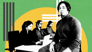 Stylized image of a call center team working at their desks with headsets, while a confident male team member sits in the foreground, symbolizing leadership and support. The abstract background features bold green, yellow, and white graphic elements.