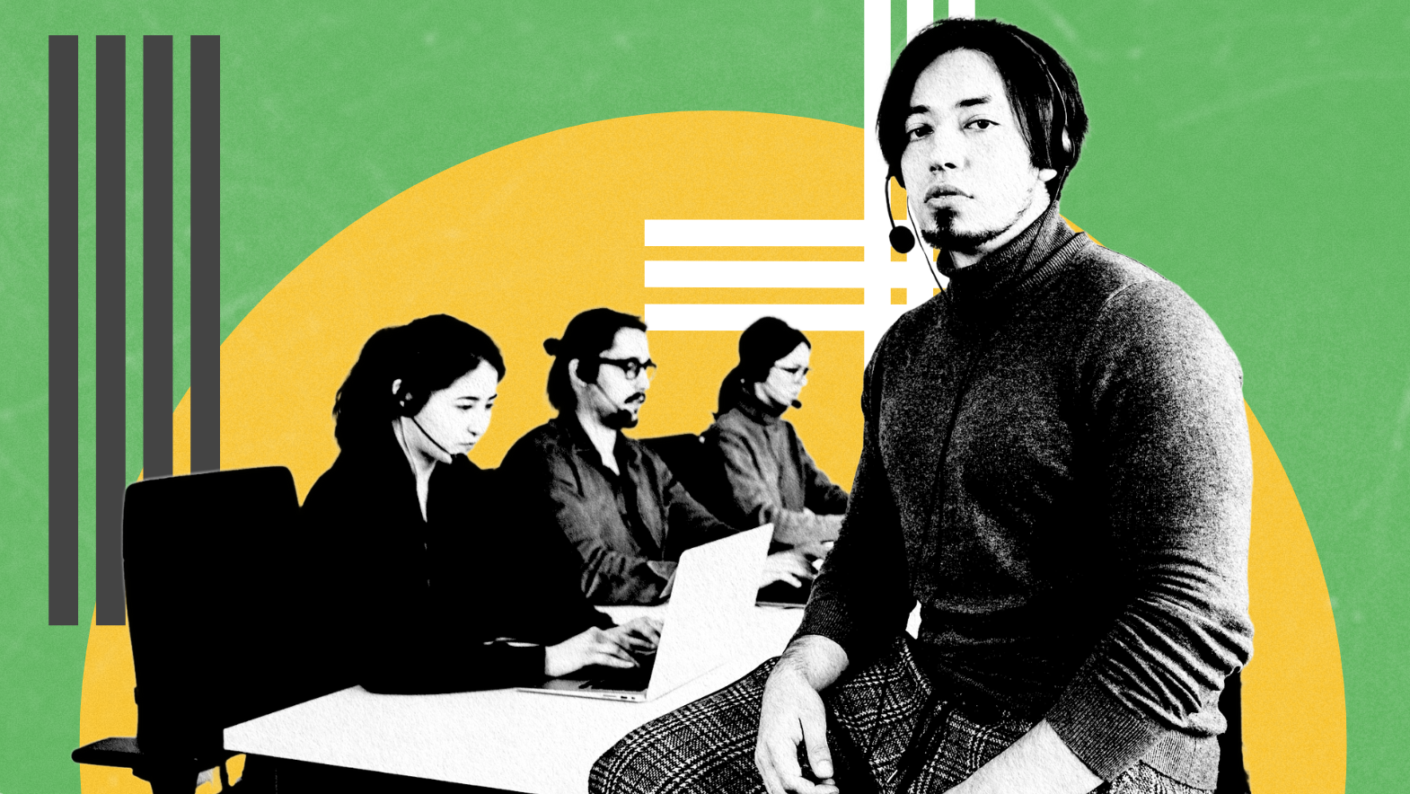 Stylized image of a call center team working at their desks with headsets, while a confident male team member sits in the foreground, symbolizing leadership and support. The abstract background features bold green, yellow, and white graphic elements.