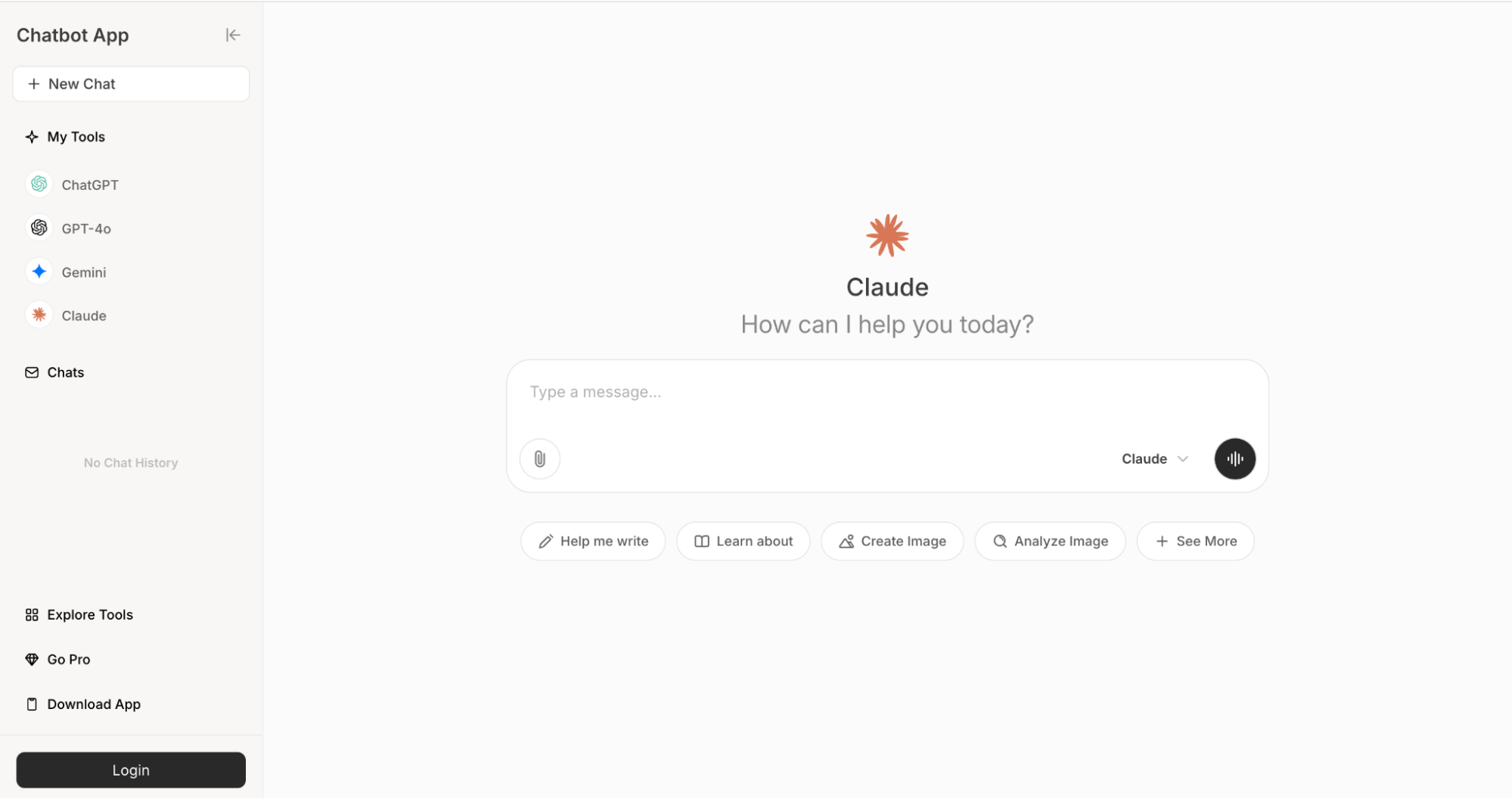 Screenshot of a chatbot app interface showing Claude selected as the active AI assistant, with options to switch between ChatGPT, GPT-4o, Gemini, and Claude. The chat window offers suggestions like "Help me write," "Create Image," and "Analyze Image" beneath the message input field.
