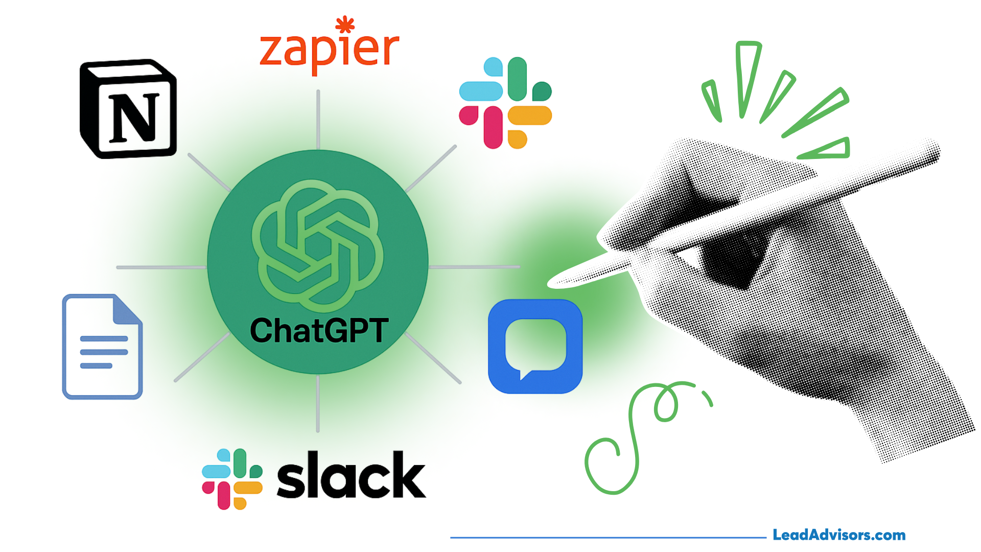 Illustration showing ChatGPT at the center of various productivity tool integrations including Notion, Zapier, Slack, Google Docs, and others. A stylized hand holding a pen appears on the right, emphasizing creativity and seamless automation across apps.