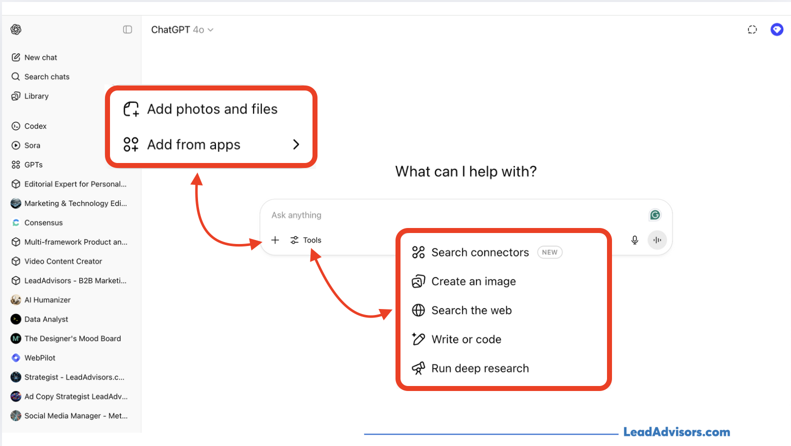 Screenshot of ChatGPT’s interface highlighting the "Tools" menu with options like search connectors, image creation, web search, writing, coding, and deep research. Red arrows point to additional upload features such as adding photos, files, or integrating with apps.