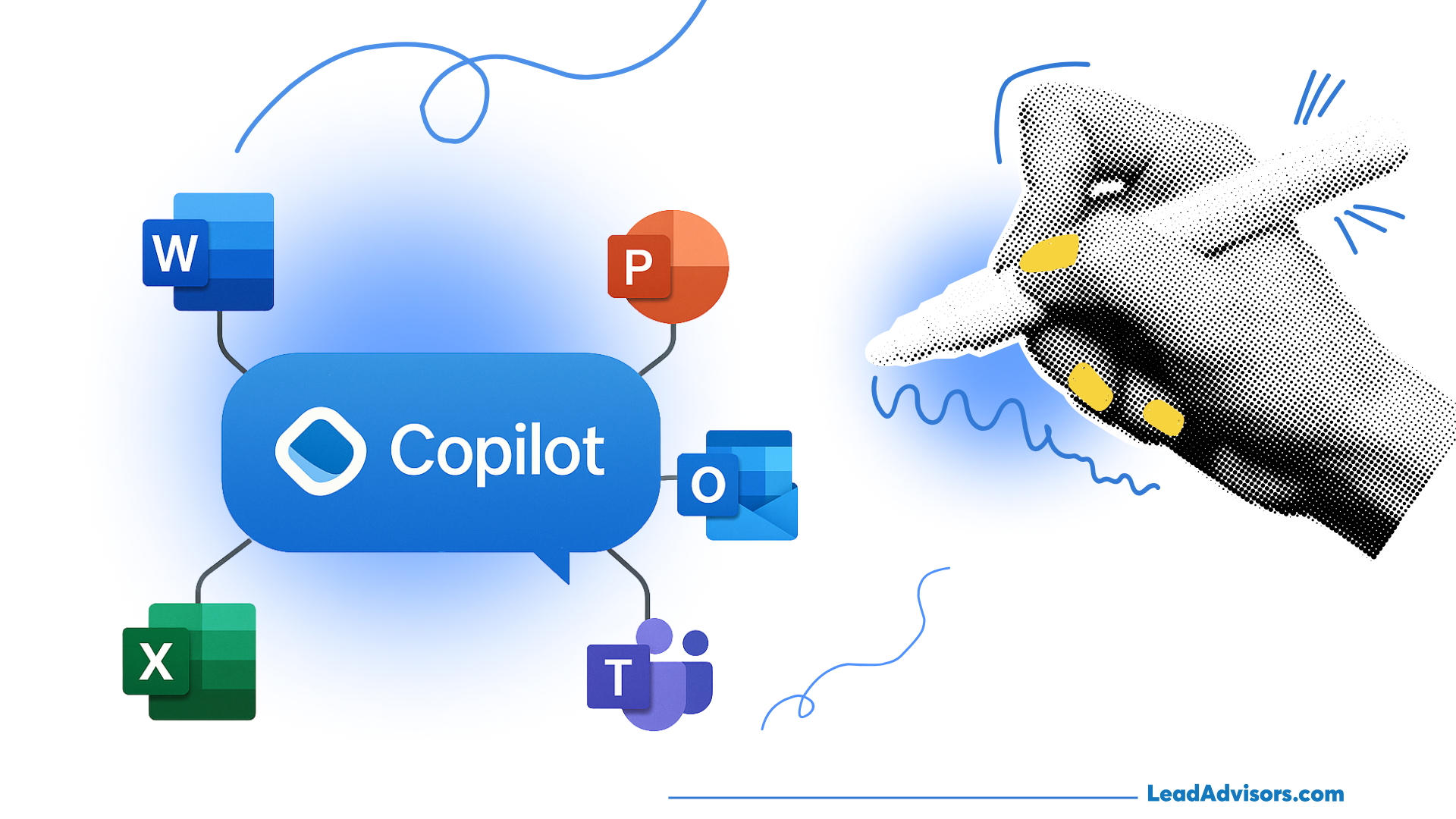 Illustration highlighting Microsoft Copilot's integration with Office apps like Word, Excel, PowerPoint, Outlook, and Teams. A hand with yellow-painted nails draws on the right, symbolizing AI-powered productivity and creative assistance.