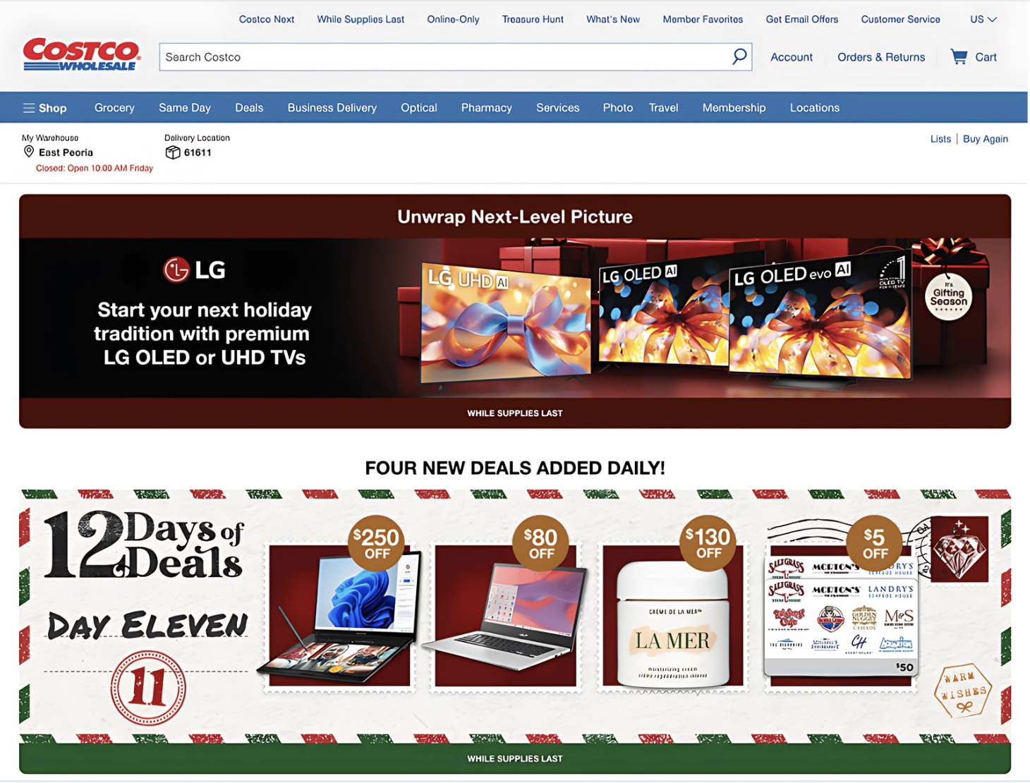 Costco’s homepage showcases an LG holiday promotion for OLED and UHD TVs, alongside “12 Days of Deals” highlights for Day Eleven, including discounts on laptops, skincare from La Mer, and restaurant gift cards. The banner emphasizes limited-time offers and festive gift savings.