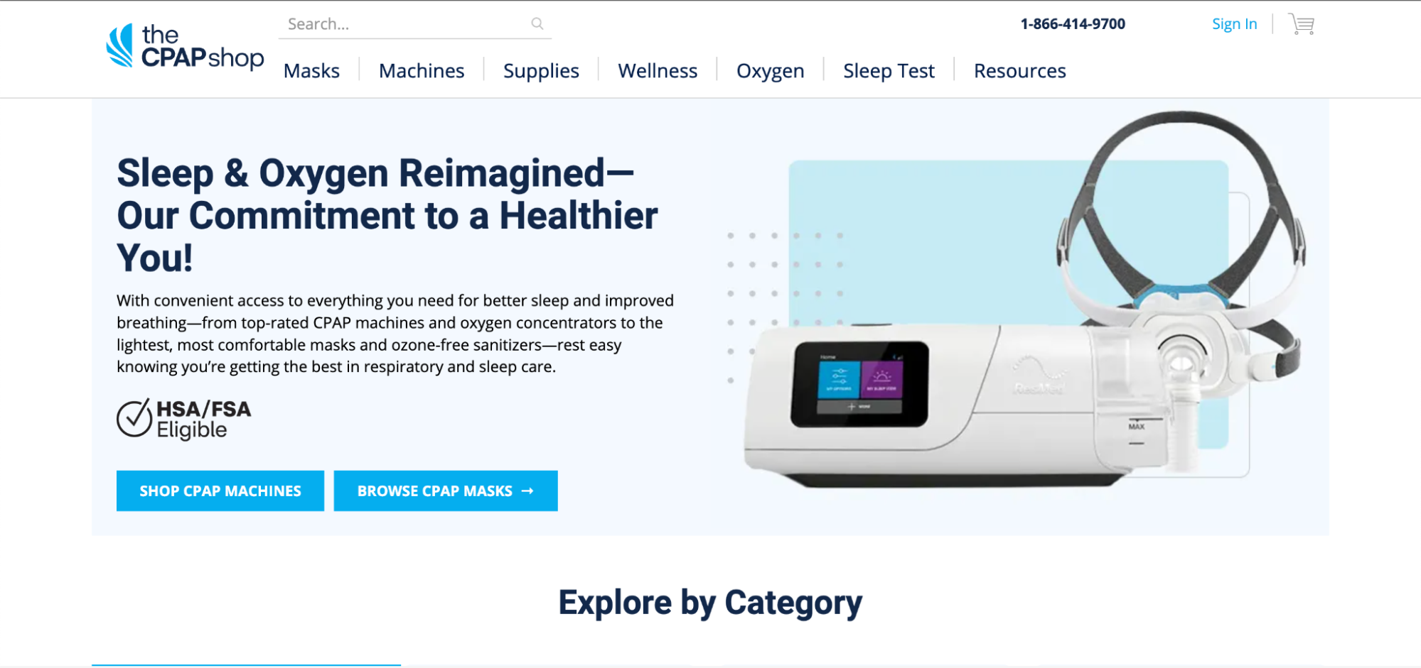 Homepage banner of The CPAP Shop promoting sleep and oxygen care products, featuring a ResMed CPAP machine and mask. Highlights include HSA/FSA eligibility, product categories for machines and masks, and a commitment to better sleep and respiratory health.